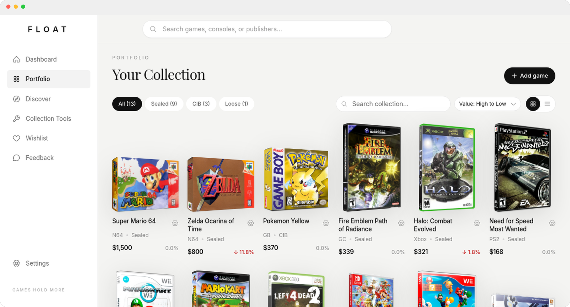 Float portfolio showing a sample video game collection